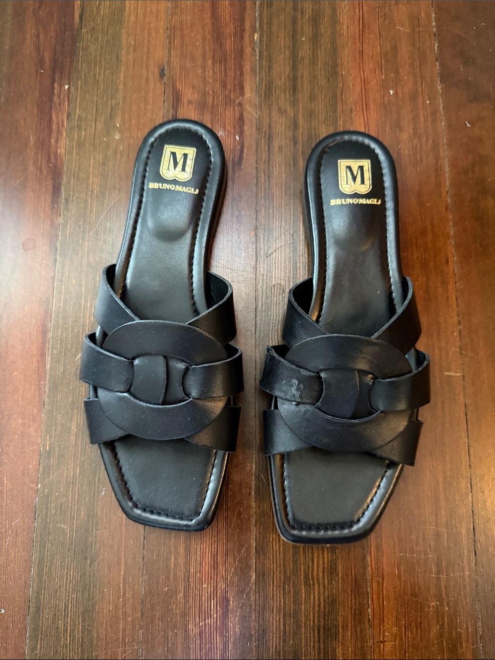 Bruno Magli Black Leather Woven Slide Mules